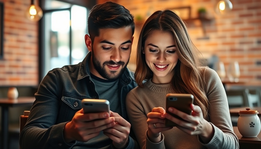 Young couple using smartphones, cozy cafe setting.