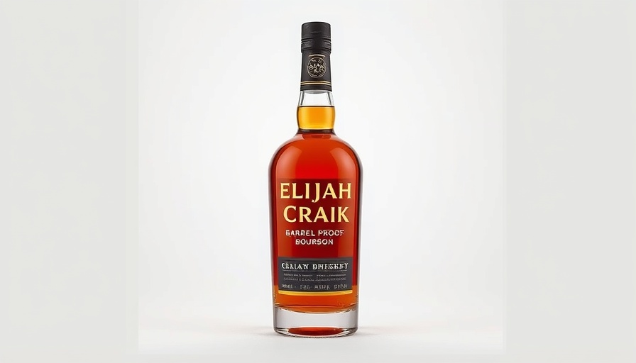 Elijah Craig Barrel Proof bourbon bottle with amber liquid against white.
