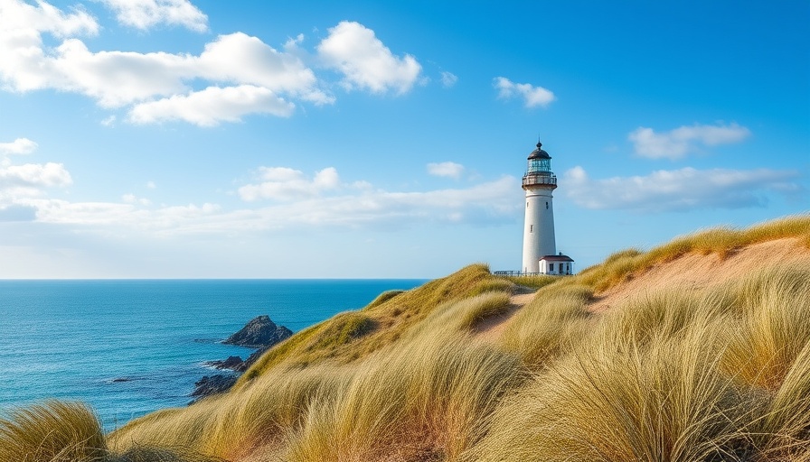 Scenic lighthouse view at a beach near Boston with grassy dunes.
