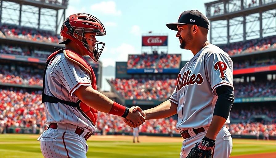 Phillies players exchanging handshake on the field during game.
