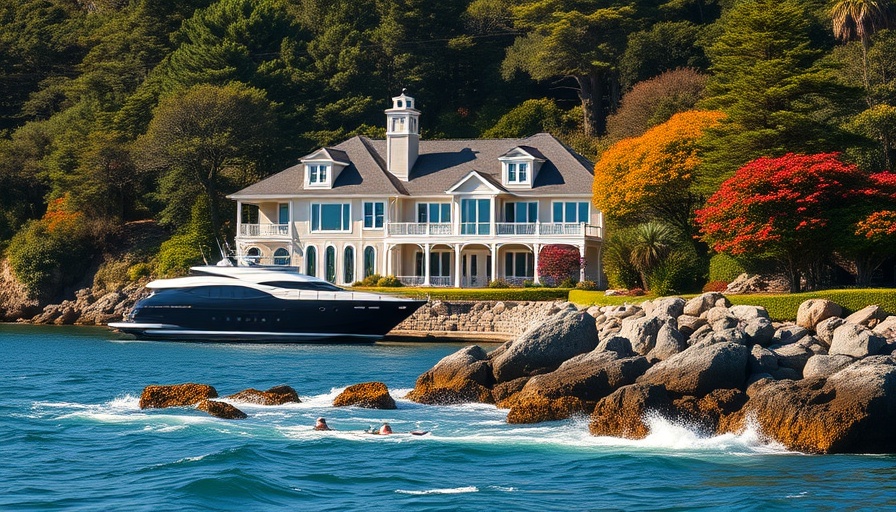 Luxurious waterfront villa in Marin County with docked yacht.