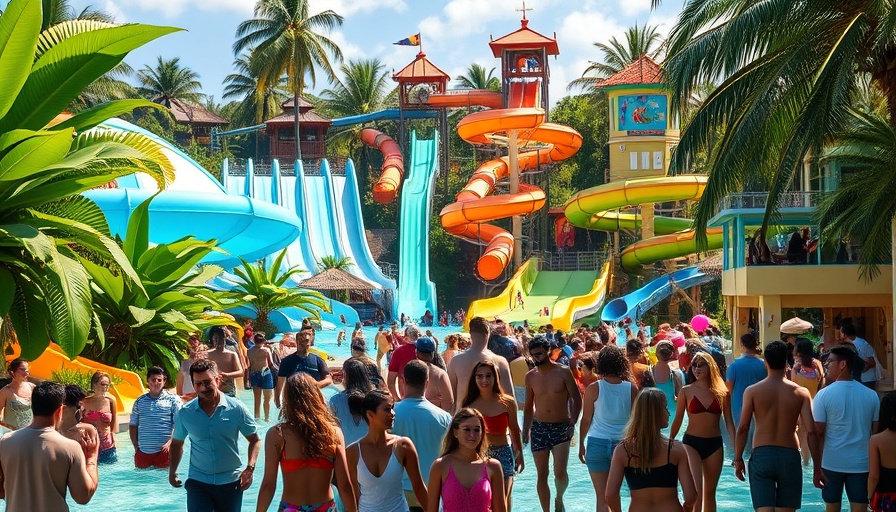 Tropical water park in Mexico with vibrant attractions, lush greenery.
