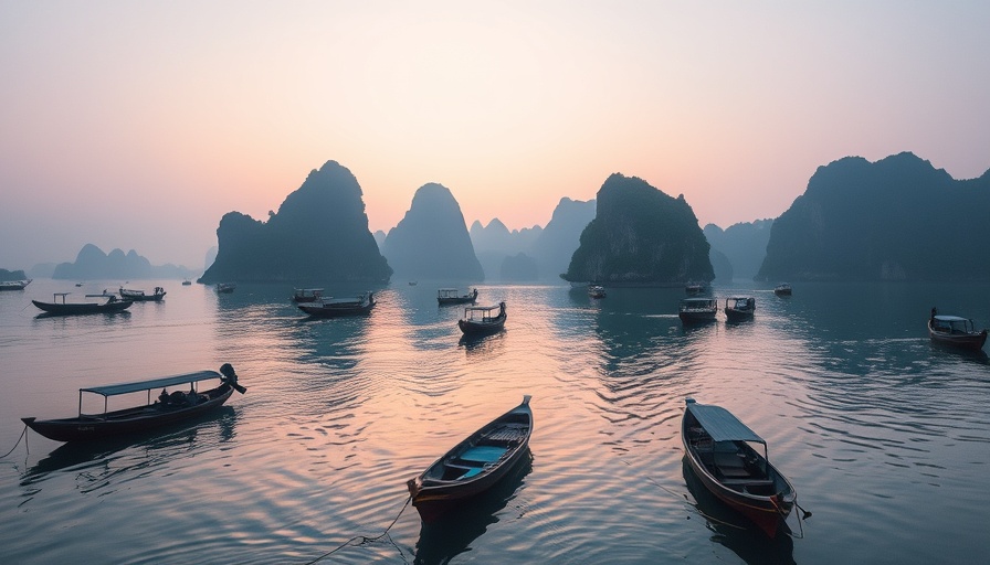 Serene bay with boats and misty islands in Vietnam at sunrise.