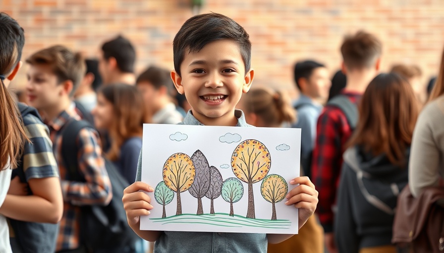 Young boy holding a drawing of trees at school.
