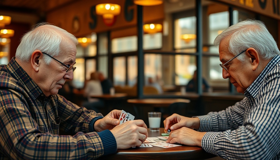 Reflections of elderly men playing cards in a cafe window.