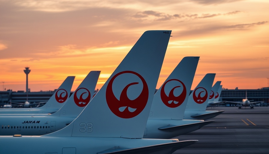 Close-up of Japan Airlines aircraft tails highlighting JAL logo at sunset.