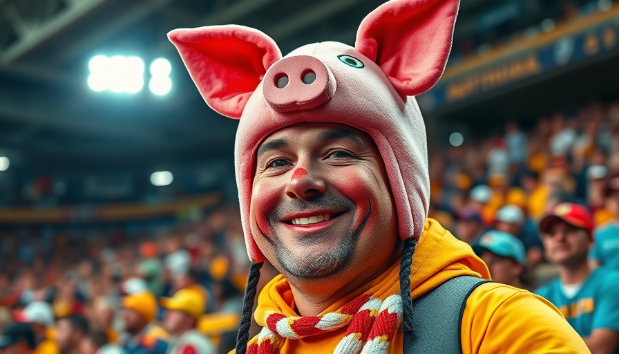 Vibrant sports fan in pig hat passionately supports team in crowded stadium.