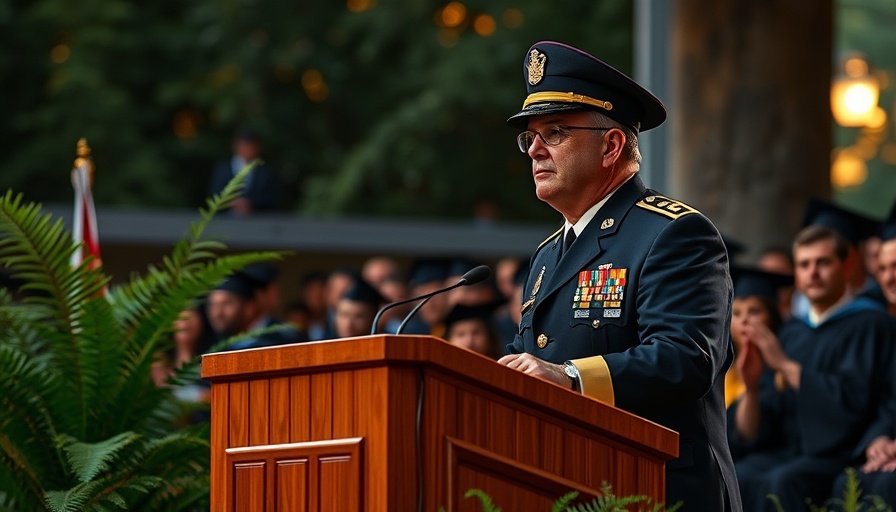 Military officer delivering a speech at a university commencement ceremony.