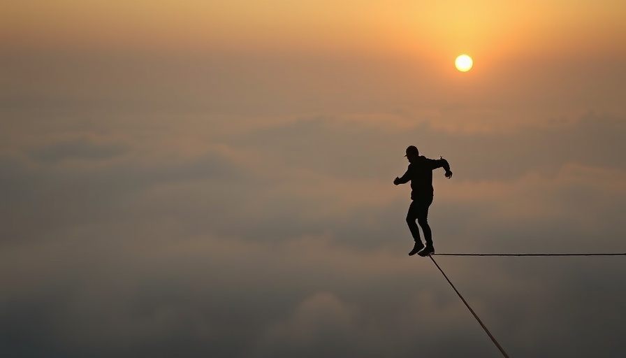 Silhouette of person on bridge cable during sunset.