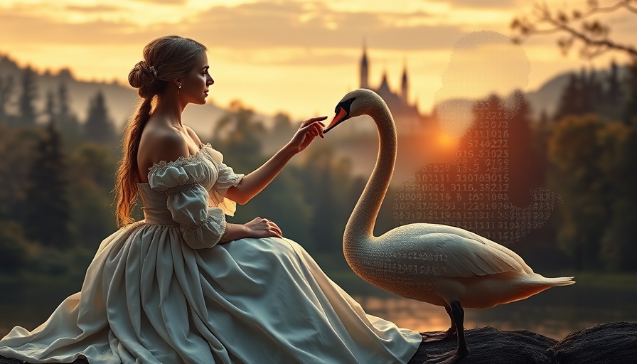 AI companionship: historical woman and digital figure by a swan lake.