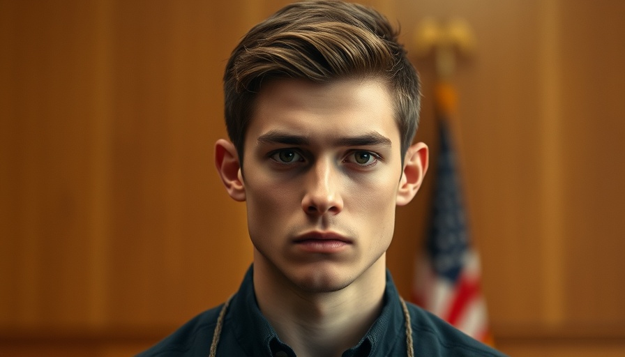 Young man in courtroom setting, serious expression