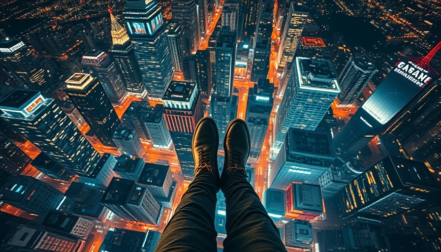 Dizzying city view with dangling legs, capturing public art disruption.