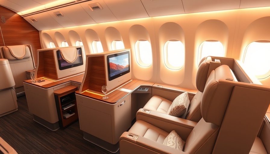 Luxurious Emirates first-class cabin interior with plush seating and elegant features.