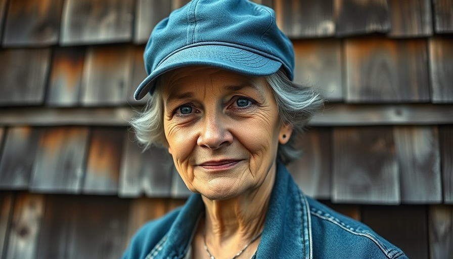 Middle-aged woman with blue cap against rustic wooden shingles.