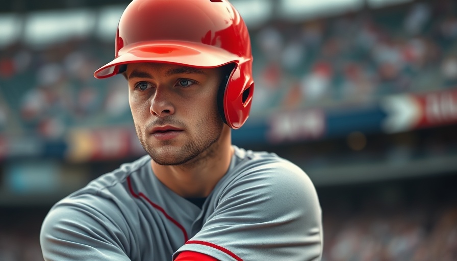 Baseball player intensely preparing in a game, wearing a red helmet.