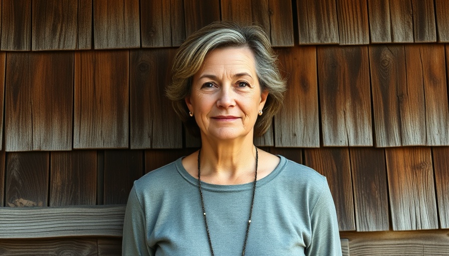 Casual middle-aged woman standing against a rustic wooden wall.
