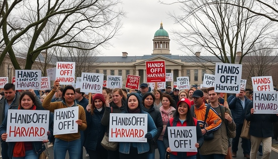 Protesters defending Harvard with 'Hands Off! Harvard' signs.