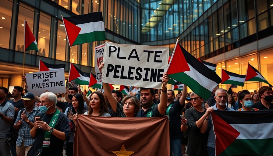 Pro-Palestine supporters hold banners in modern building.