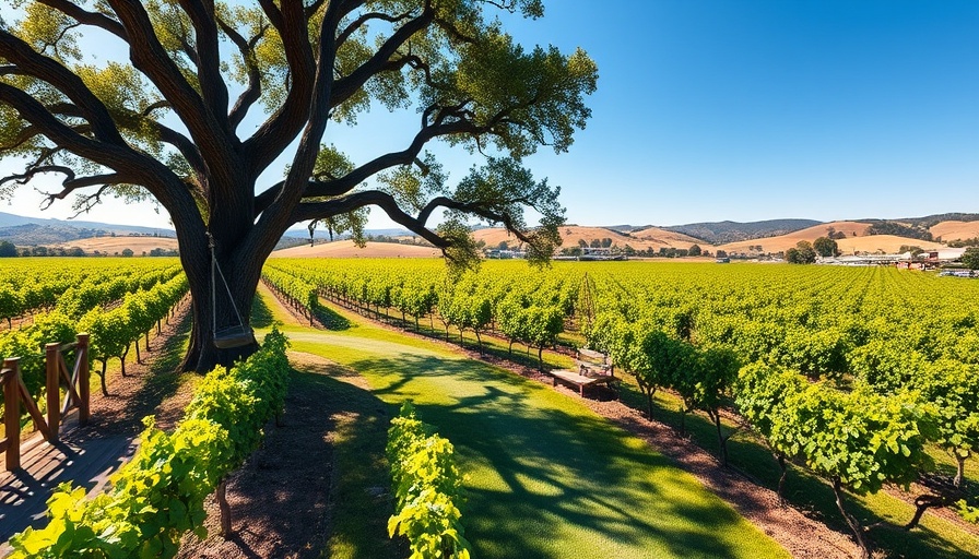 Napa Valley winery revival landscape with vineyards and oak tree.