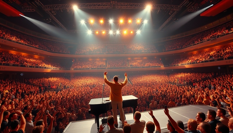 Electric concert scene with famous musician on stage, capturing Billy Joel mortality theme.