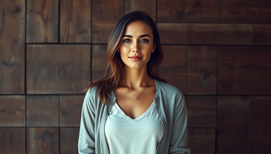 Casually dressed woman in blue cap stands confidently against rustic wooden wall.