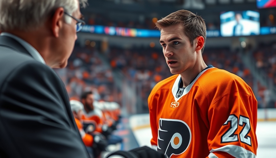 Ian Laperriere talking with Flyers players on the bench during reassignment.