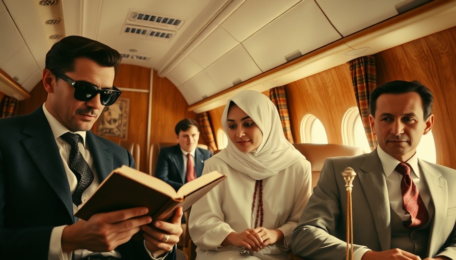 Stylized scene in a vintage airplane cabin with elements of Wes Anderson's Phoenician Scheme in art collecting.