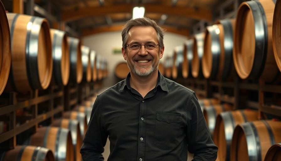 Smiling man in winery with Cirq Pinot Noir Wine barrels.