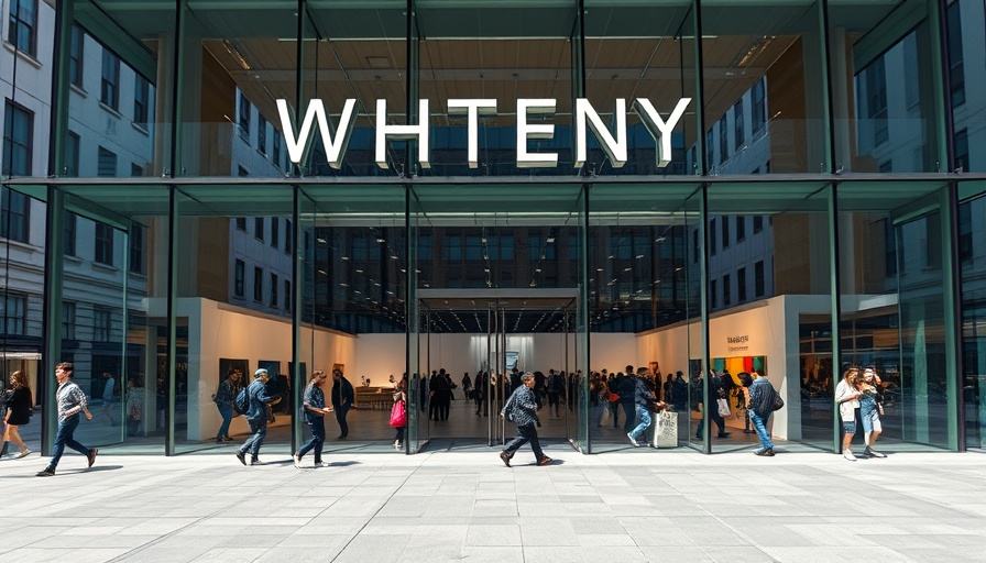 Whitney Museum entrance with glass facade and people inside.