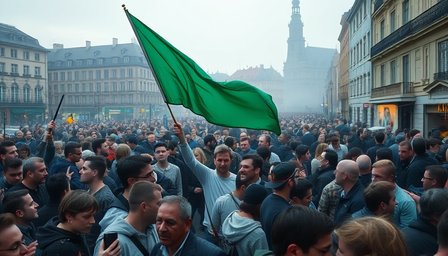 Man holding green flag in crowded urban scene, misty evening.