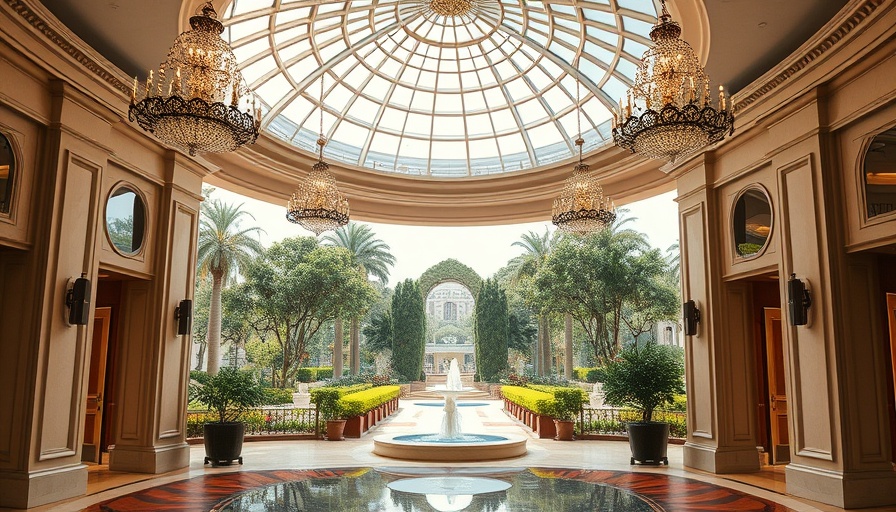 Elegant hotel entrance in Las Vegas with dome and gardens.