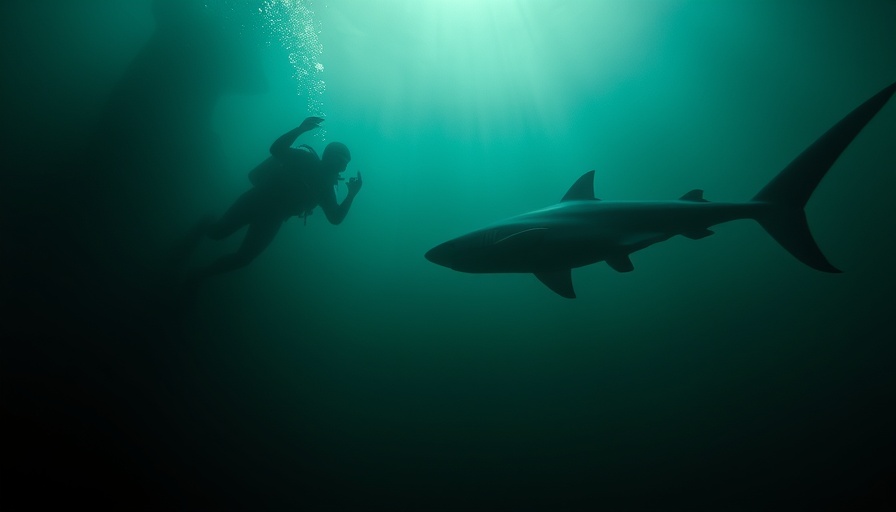 Underwater diver encounters Welsh shark in murky waters.