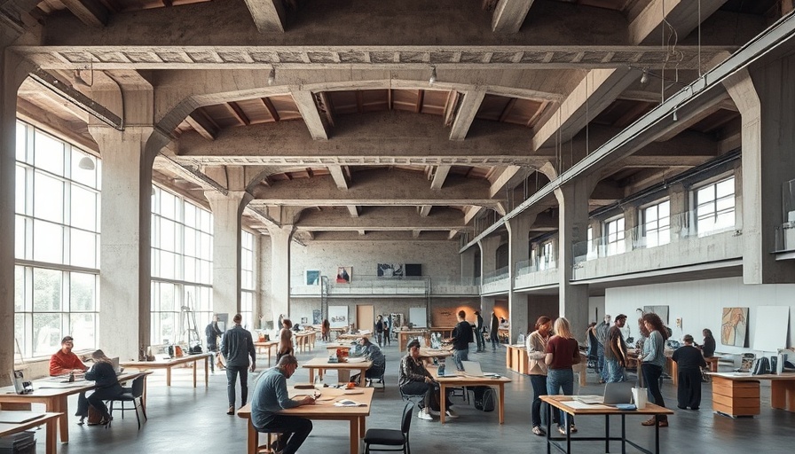 Open interior of artist residency center with creative activities.