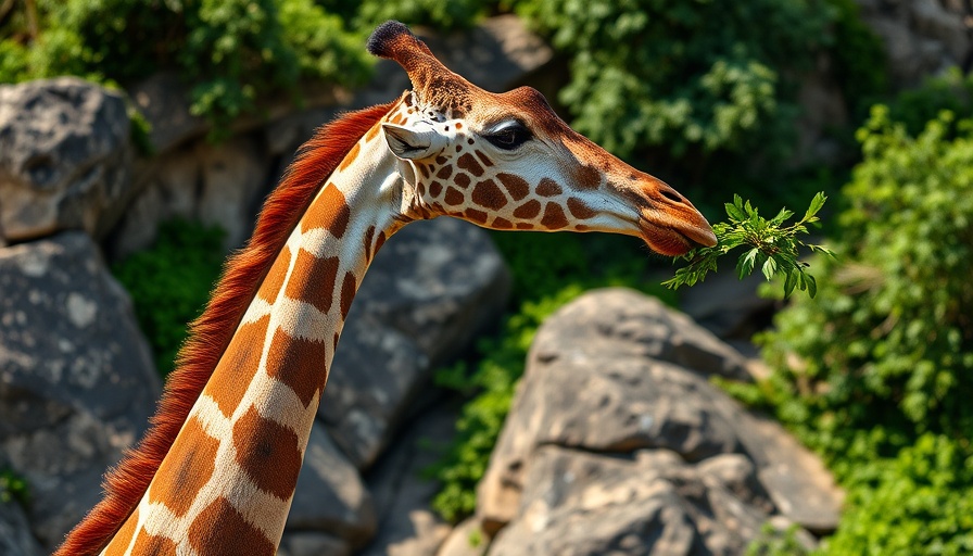 Giraffe reaching leaves on rocky terrain