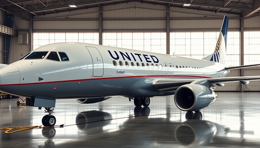 United Express aircraft in hangar reflecting lighting.