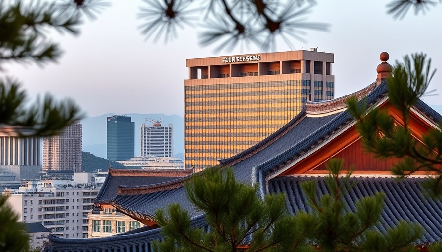 Four Seasons Hotel Seoul behind traditional Korean architecture at dusk.