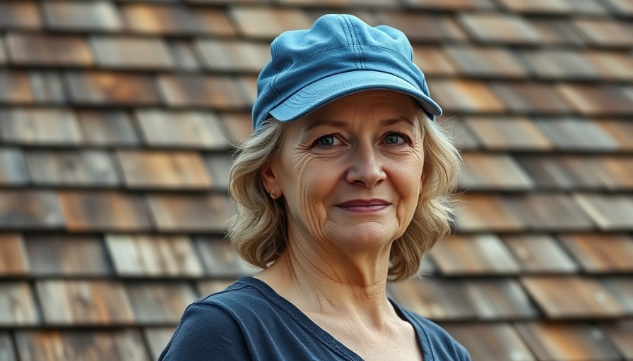 Middle-aged woman with blue cap in front of wooden shingles, expressing calmness.