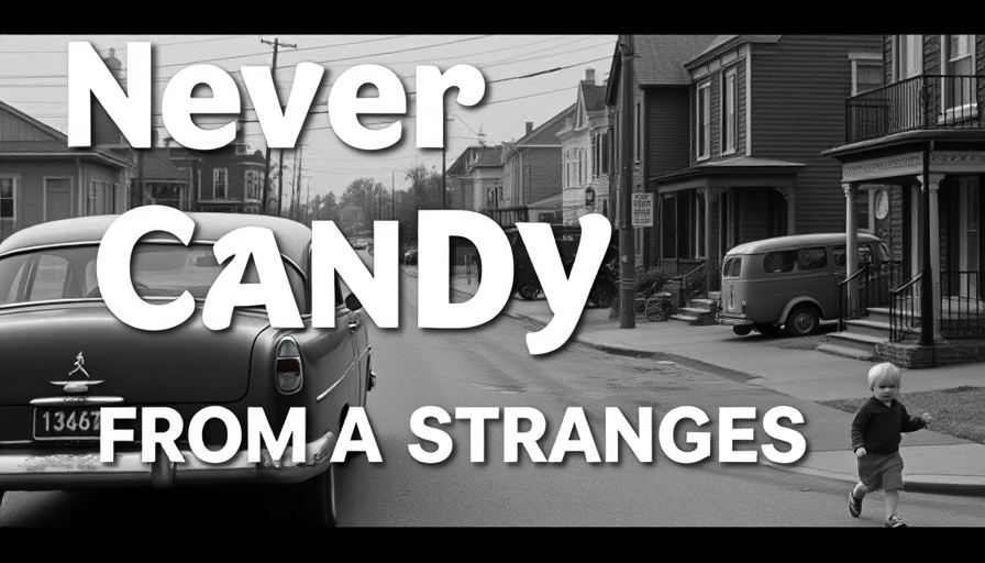 Classic film still with text 'Never Take Candy From A Stranger', vintage car