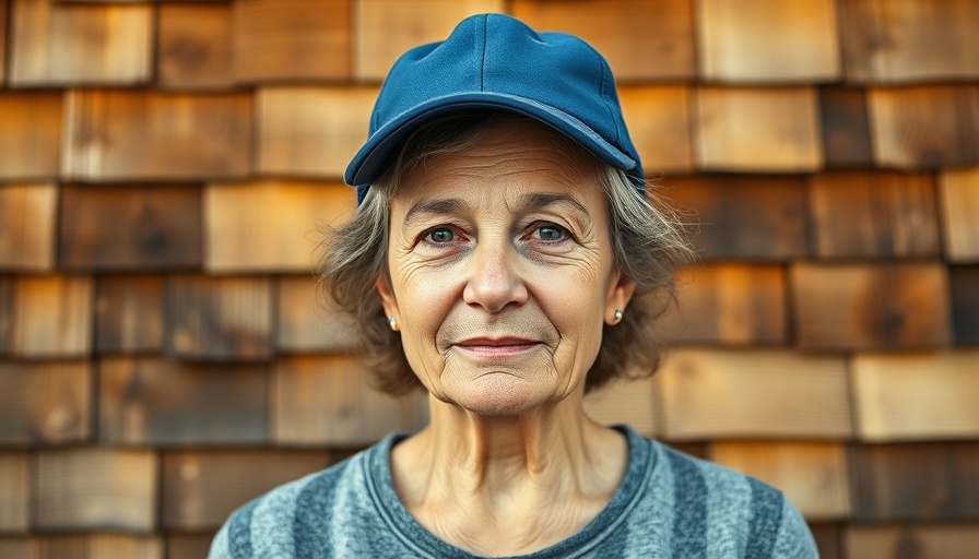 Middle-aged woman in blue cap against rustic wooden wall