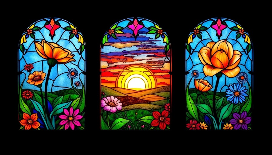 Vibrant stained glass panels at Christie's Design Sale depicting landscapes.