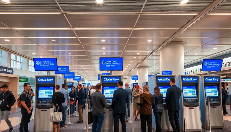 People at Global Entry kiosks illustrating application wait times.