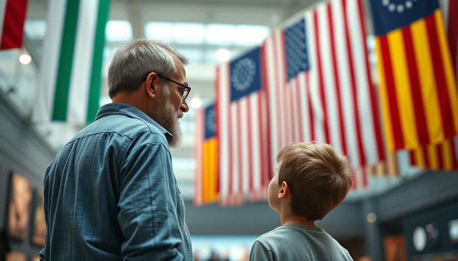 Father and son admiring flags at Philadelphia event.