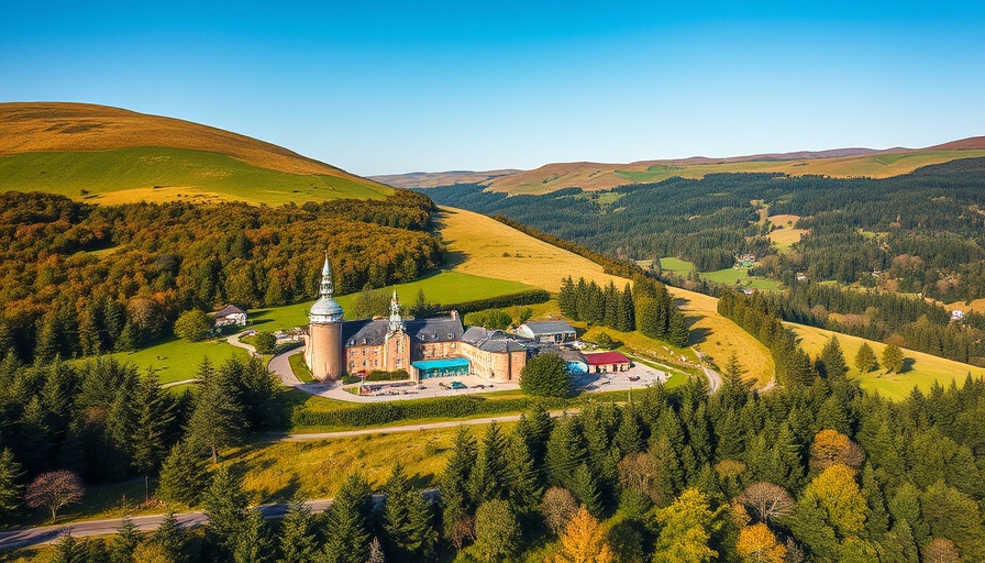Scenic view of Scottish distillery for whisky tourism in lush hills.