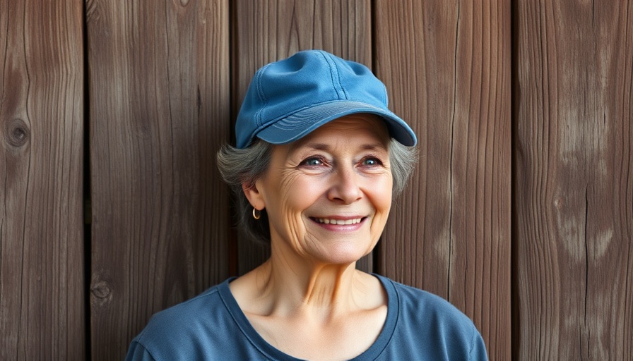 Middle-aged woman in blue cap, weathered wall background.