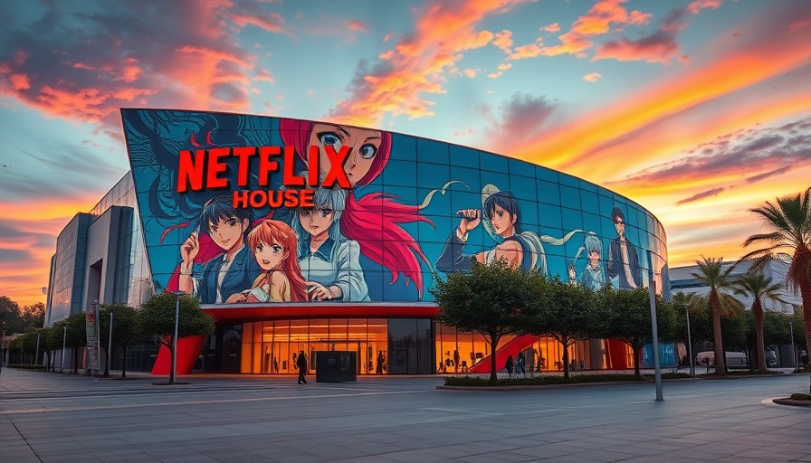 Futuristic Netflix House King of Prussia with anime mural at dusk.