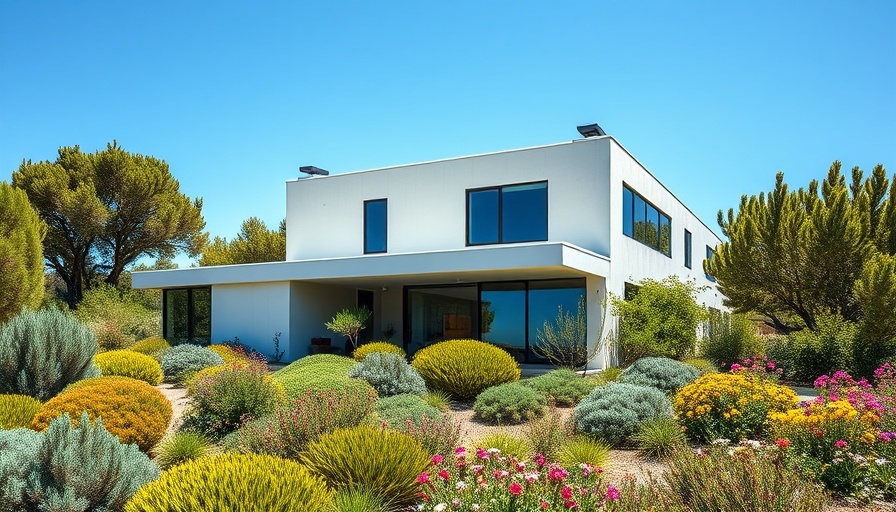 Modern passive solar house in California, angular design amid lush greenery.