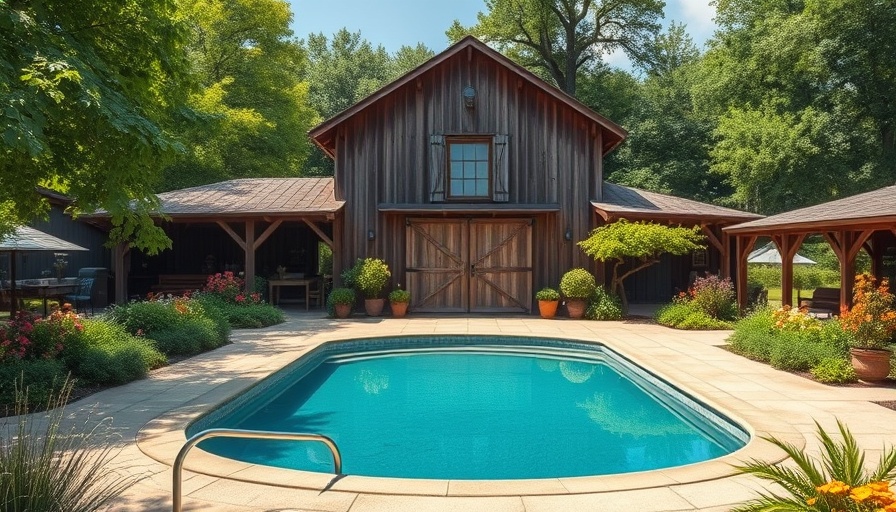 Rustic barn and pool at Buxton Pond Farm, surrounded by greenery.