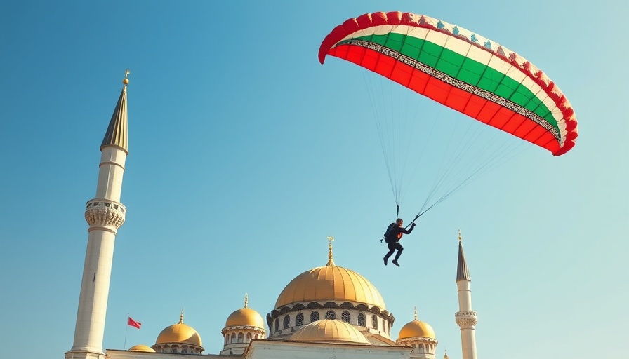 Parachutist with Iranian flag over mosque, Iran's regime collapse.