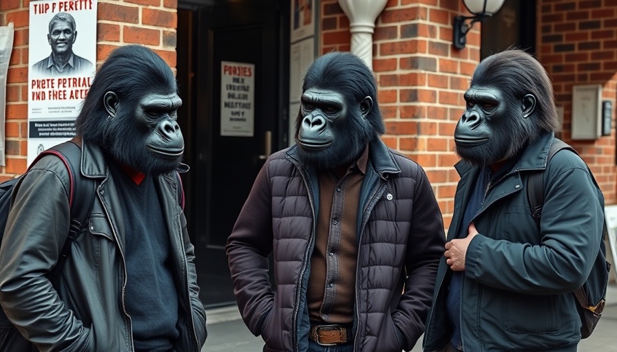 Guerrilla Girls members in gorilla masks discussing feminist art outside.