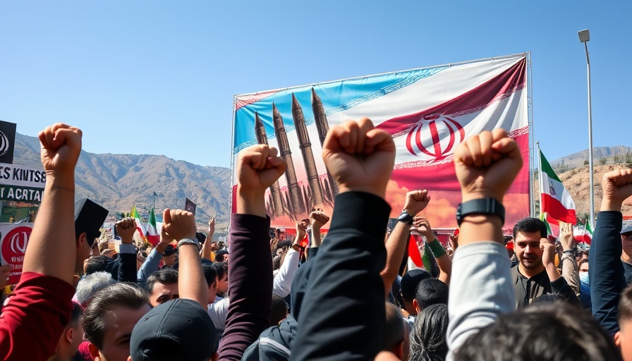 Iran nuclear program protest with flag and missiles backdrop.
